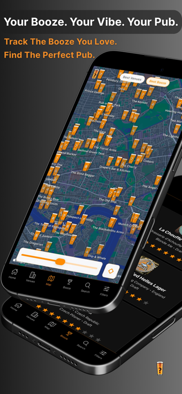 A map of nearby pubs with rated pint-glass markers