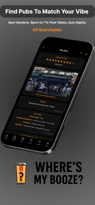 A pub's venue page with rating, photo, board and features